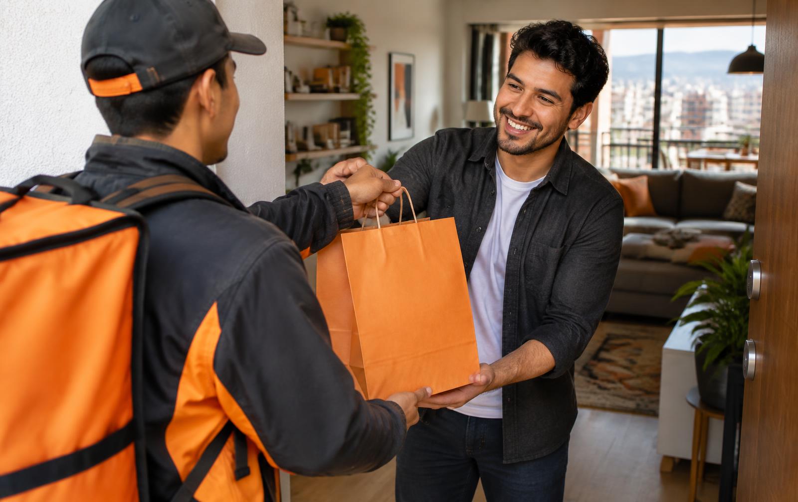 Cliente recibiendo su pedido de Route69 en casa
